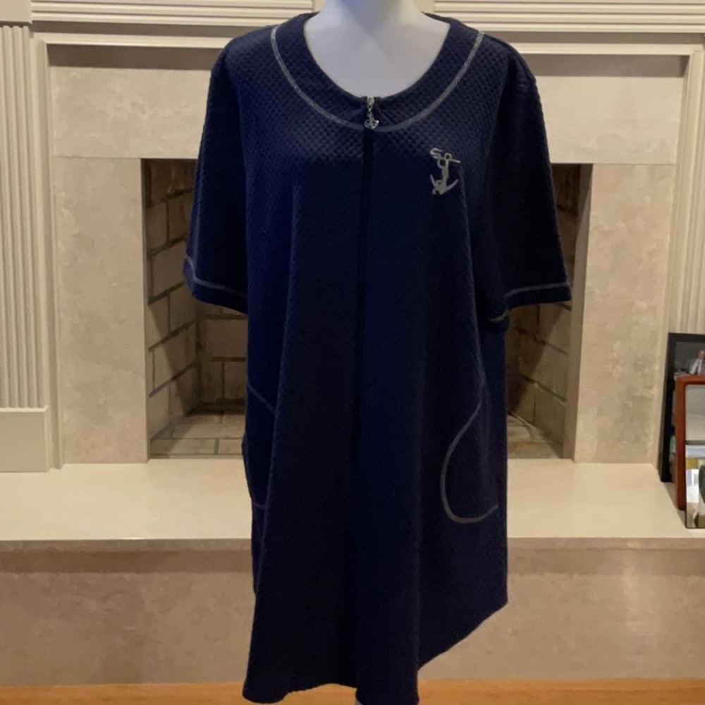 Navy Short Sleeve Knit Beach Coverup with Anchor Pull Zipper & Anchor Logo.